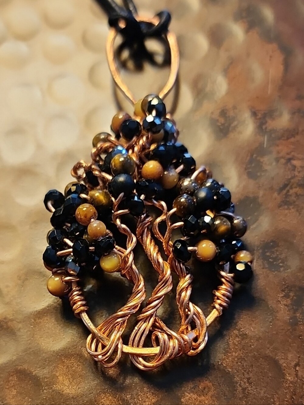 Handcrafted Tree Of Life. Black crystals, Tigers Eye Beads. Copper Wire